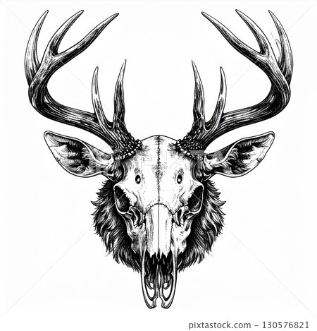 Detailed Black And White Deer Skull Illustration 130576821
