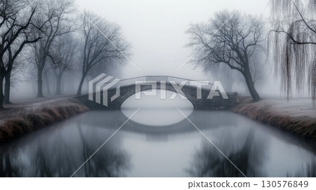 In the early morning fog, a tranquil stone bridge gracefully arches over a still river, surrounded by bare trees. The atmosphere is peaceful, evoking a sense of calm and solitude. In the early morning fog, a tranquil stone bridge gracefully arches over a still river, surrounded by bare trees. The atmosphere is peaceful, evoking a sense of calm and solitude. 130576849