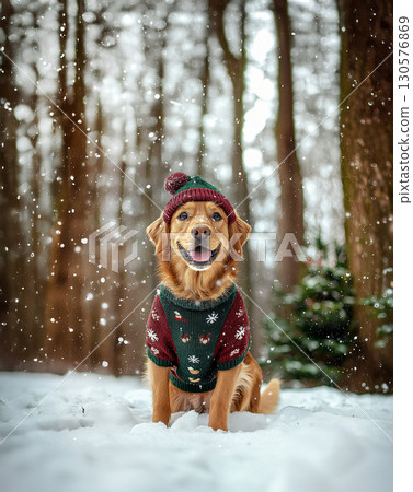 Retriever dog in antler headband and Christmas sweater posing outdoors in snowy forest with festive lights and falling snowflakes 130576869