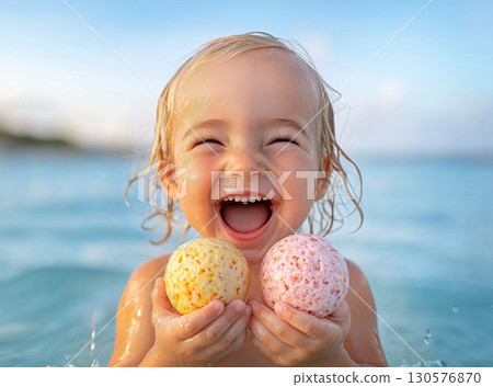 Laughing baby in sea water holding two bath bombs 130576870