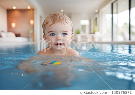 Baby swimming in indoor pool smiling at camera Baby swimming in indoor pool smiling at camera 130576871