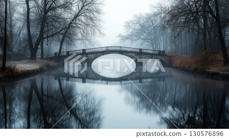An old stone bridge arches gracefully over tranquil waters, surrounded by barren trees in a thick morning fog. The stillness evokes a sense of peace, highlighting nature's quiet beauty. An old stone bridge arches gracefully over tranquil waters, surrounded by barren trees in a thick morning fog. The stillness evokes a sense of peace, highlighting nature's quiet beauty. 130576896