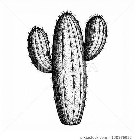 Black And White Stippled Cactus Illustration 130576933