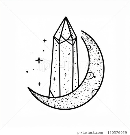 Geometric Crystal and Crescent Moon Line Art 130576959
