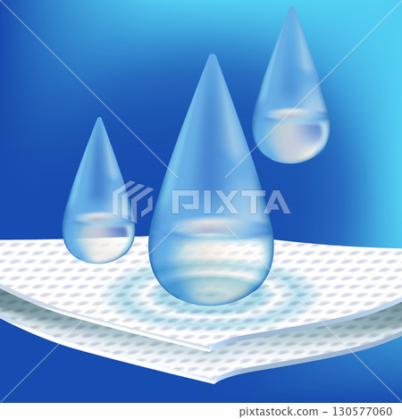 Absorbent two-layer material with water drops. Infographic for toilet paper, napkins, wipes and other hygiene product. Label for packaging paper towels, napkins. Realistic vector illustration. 130577060