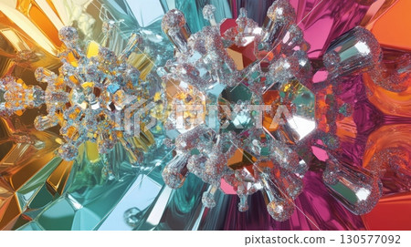 Brilliantly colored abstract formations emerge, resembling intricate crystals that reflect light in a mesmerizing way. The vivid hues of orange, turquoise, and pink create a stunning visual effect. 130577092