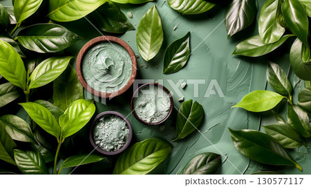 A table displaying bowls filled with fresh green leaves, creating a vibrant and natural setting. 130577117