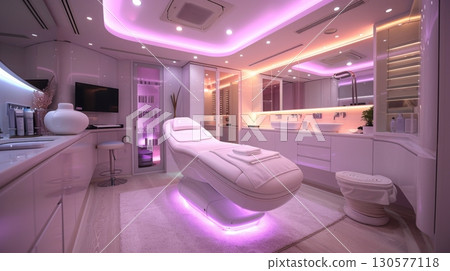 Lavish motorhome bathroom with LED lighting and a comfortable recliner. 130577118