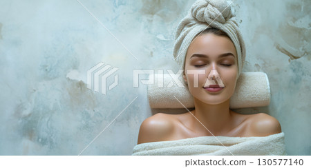 A relaxed woman with a towel-wrapped head leans back in a mist-filled spa. 130577140
