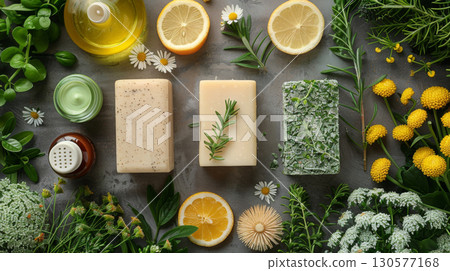 Various handmade soaps surrounded by citrus slices, herbs, and oils. Various handmade soaps surrounded by citrus slices, herbs, and oils. 130577168