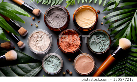 Various types of makeup products including lipstick, eyeshadow, foundation, and brushes spread out on a table. 130577212