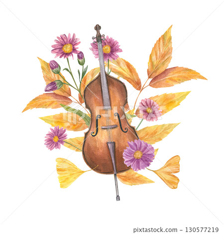 Watercolor brown double bass among autumn flowers and orange leaves illustration on isolated background. Classic bowed contrabass musical instrument, aster flower, ash and gingko leaf composition 130577219