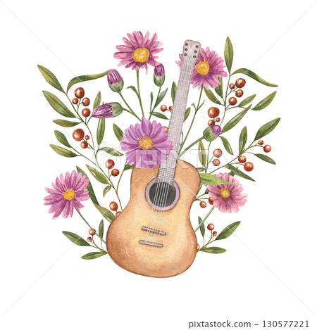 Vintage six string guitar and autumn floral bouquet watercolor illustration on isolated background. Musical stringed instrument, chrysanthemum flowers and red berry plant. For jazz festival posters Vintage six string guitar and autumn floral bouquet watercolor illustration on isolated background. Musical stringed instrument, chrysanthemum flowers and red berry plant. For jazz festival posters 130577221