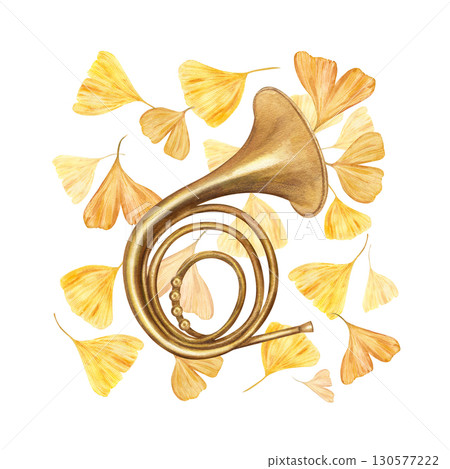 Largest brass tuba musical instrument on flying golden gingko biloba leaves watercolor illustration on isolated background. Wood wind vintage horn, autumn leaf. Musical composition for festival decor Largest brass tuba musical instrument on flying golden gingko biloba leaves watercolor illustration on isolated background. Wood wind vintage horn, autumn leaf. Musical composition for festival decor 130577222