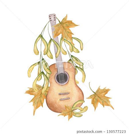 Six string guitar decorated maple seeds and leaves watercolor illustration on isolated background. Brown musical stringed instrument and plant in autumn colors. For fall music design, jazz festival Six string guitar decorated maple seeds and leaves watercolor illustration on isolated background. Brown musical stringed instrument and plant in autumn colors. For fall music design, jazz festival 130577223