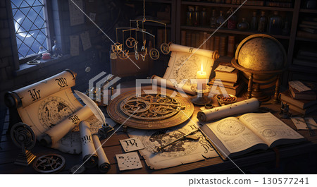An atmospheric astrologer's workplace with ancient manuscripts and tools. An atmospheric astrologer's workplace with ancient manuscripts and tools. 130577241