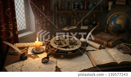 An atmospheric astrologer's workplace with ancient manuscripts and tools. 130577243