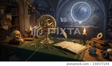 An atmospheric astrologer's workplace with ancient manuscripts and tools. 130577244