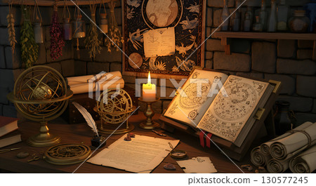 An atmospheric astrologer's workplace with ancient manuscripts and tools. 130577245
