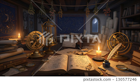 An atmospheric astrologer's workplace with ancient manuscripts and tools. 130577246