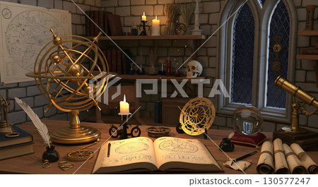 An atmospheric astrologer's workplace with ancient manuscripts and tools. 130577247
