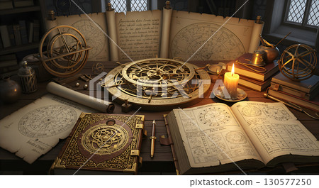 An atmospheric astrologer's workplace with ancient manuscripts and tools. 130577250