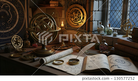 An atmospheric astrologer's workplace with ancient manuscripts and tools. An atmospheric astrologer's workplace with ancient manuscripts and tools. 130577252