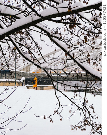 Winter streetscape showing lone pedestrian walking snow covered path, bare tree branches framing urban bridge backdrop, depicting solitary movement through frosty cityscape. Snowy urban landscape 130577421