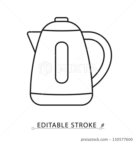An electric kettle icon in minimalist style with editable stroke. Kitchen appliance symbol, hot water element, household object, beverage preparation concept, tea pictogram, boiling design An electric kettle icon in minimalist style with editable stroke. Kitchen appliance symbol, hot water element, household object, beverage preparation concept, tea pictogram, boiling design 130577600