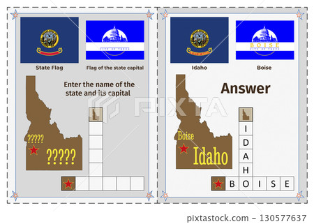 Geography of the USA for children. Question and answer. Flags, names, outline of the state and capital of Idaho. Crossword illustration. Geography of the USA for children. Question and answer. Flags, names, outline of the state and capital of Idaho. Crossword illustration. 130577637