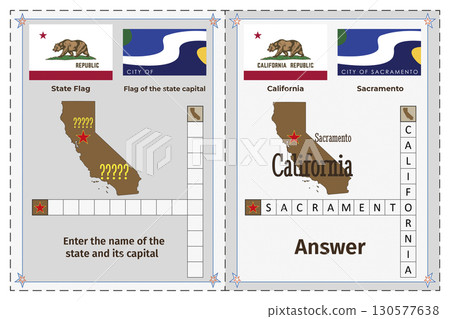 Geography of the USA for children. Question and answer. Flags, names, outline of the state and capital of California. Crossword illustration. 130577638