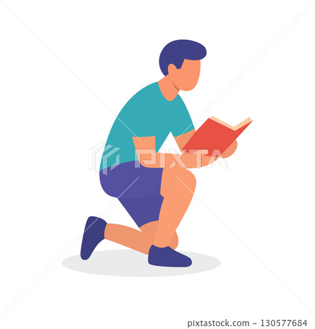 Flat character of man kneeling while reading a book. Modern vector style for education and learning themes 130577684