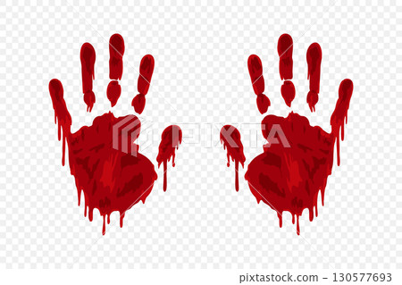 Red blood handprints with cartoon style drips. Transparent background 130577693