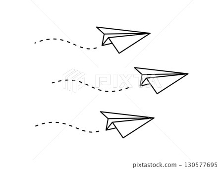 Minimalist trio of paper airplanes with dashed wave trails. Black line vector on white background 130577695