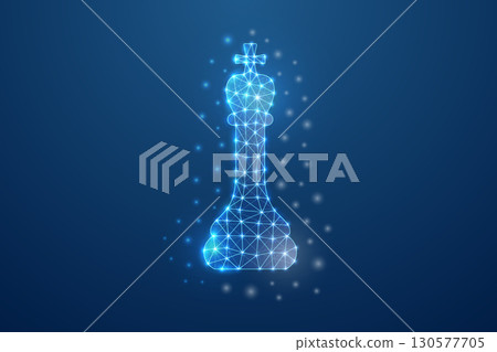 Futuristic glowing chess king piece in low poly style with bright connected dots on dark digital background Futuristic glowing chess king piece in low poly style with bright connected dots on dark digital background 130577705