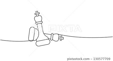 Elegant chess line art of two kings in checkmate, minimalist black outline design for coloring and strategy-themed artwork 130577709