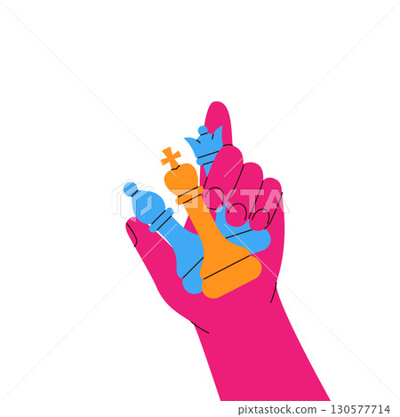 Pink hand holding colorful chess pieces king queen and bishop symbolizing control power and complex strategy 130577714