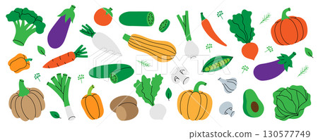 Vegetables. Healthy eating. Pepper, carrot, tomato, garlic, mushroom, avocado, pumpkin, broccoli, cabbage, turnip, zucchini, onion, radish, eggplant. 130577749