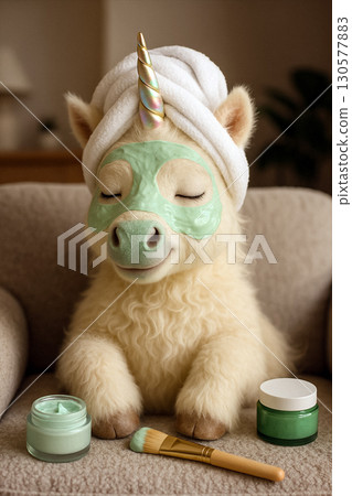 A relaxing day at the spa: A charming white opalized unicorn with a refreshing face mask and a towel wrapped around head, surrounded by the peaceful aura of her salon, epitomizes peace and self-care A relaxing day at the spa: A charming white opalized unicorn with a refreshing face mask and a towel wrapped around head, surrounded by the peaceful aura of her salon, epitomizes peace and self-care 130577883