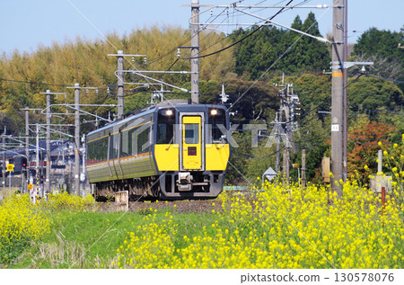 A Kiha 187 series diesel express train, Super Matsukaze, speeds along the Sanin Main Line, where yellow rape blossoms are in full bloom. A Kiha 187 series diesel express train, Super Matsukaze, speeds along the Sanin Main Line, where yellow rape blossoms are in full bloom. 130578076