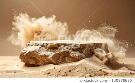 Beige Rock in Desert Sand with Dust Explosion Beige Rock in Desert Sand with Dust Explosion 130578650