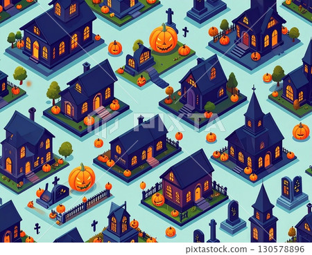 Seamless Halloween isometric illustration of dark houses, glowing windows, pumpkins, and gravestones in a spooky village. High quality illustration 130578896
