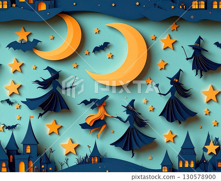 Decorative Halloween paper cut artwork showing witches flying with magic wands, moons, stars, and bats in a night sky. High quality illustration 130578900