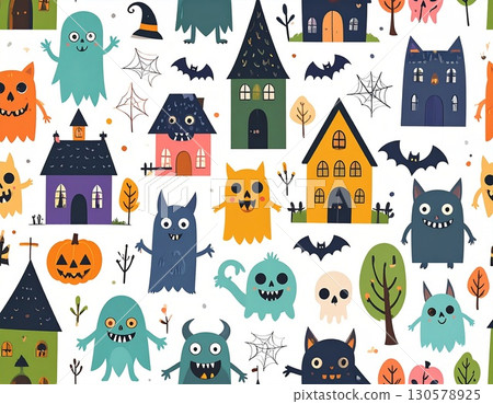 Playful seamless pattern with cute Halloween monsters, haunted houses, bats, pumpkins, and ghosts in vibrant colors. High quality illustration Playful seamless pattern with cute Halloween monsters, haunted houses, bats, pumpkins, and ghosts in vibrant colors. High quality illustration 130578925
