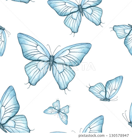 Fluttering blue butterflies watercolor seamless pattern on isolated background. Abstract insects in flight. Tropical summer ornate for for wedding stationery, wallpaper designs, exotic home decor 130578947