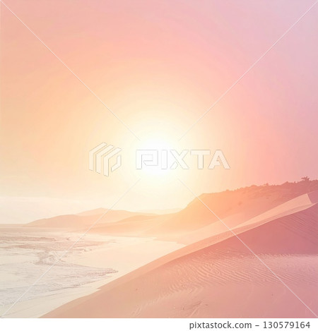Pink and Orange Sunset over Sandy Beach and Dunes 130579164