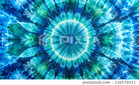 Vibrant Blue and Green Tie Dye Circular Pattern 130579331