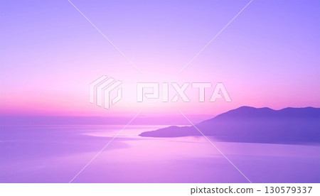 Pink And Purple Sunset Over Misty Ocean And Mountain 130579337
