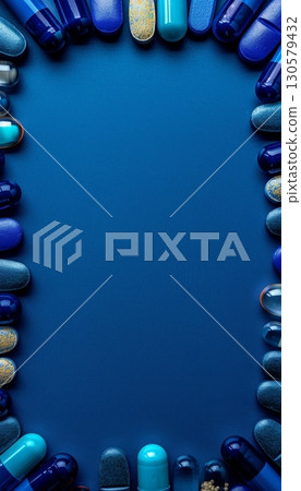 Blue Medicine Pills in Various Shades Forming a Vertical Frame on a Rich Blue Background 130579432