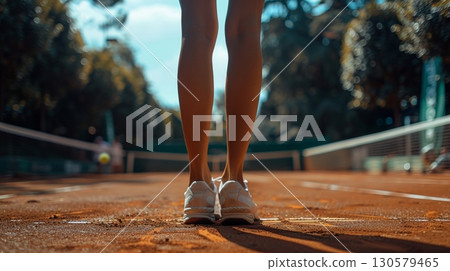 Female Legs In Tennis Shoes On Clay Court. Sportswoman Standing Ready To Play Tennis Match Female Legs In Tennis Shoes On Clay Court. Sportswoman Standing Ready To Play Tennis Match 130579465